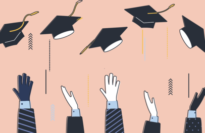 Conceptual depiction of foreign graduates throwing graduation caps in the air