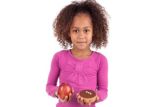 Image of little girl with sugar donut and apple